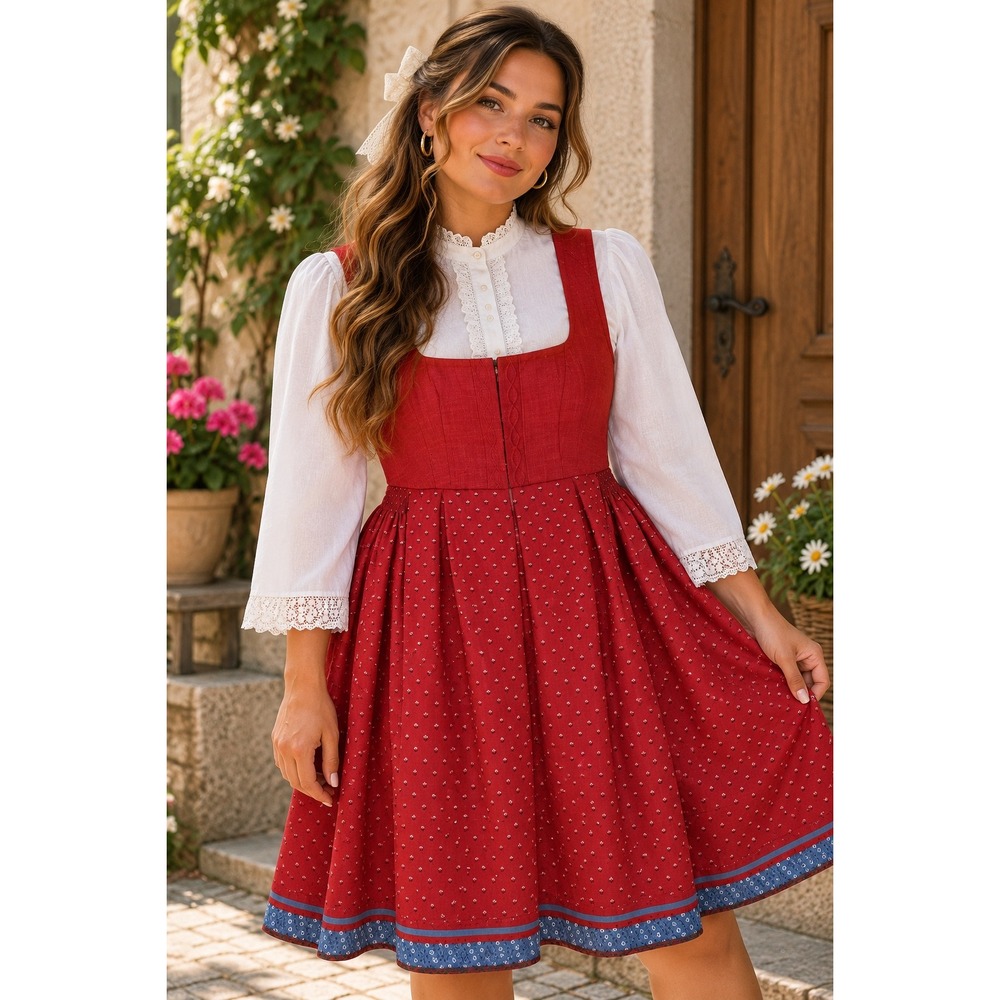 Vintage Wenger Dirndl Corset Dress Blouse Set 46/L Red White Floral Oktoberfest